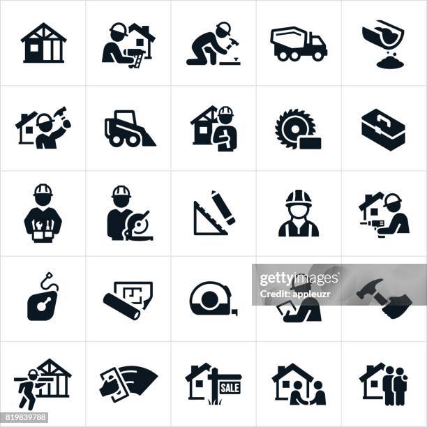 ilustraciones, imágenes clip art, dibujos animados e iconos de stock de nuevos iconos de construcción - trabajador de construcción