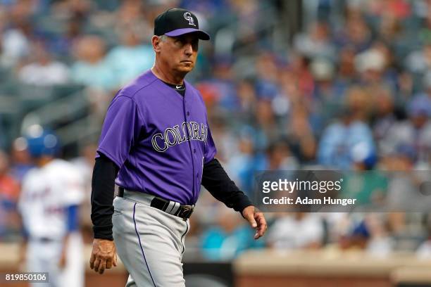 Bud Black of the Colorado Rockies walks off the field during the first inning against the New York Mets at Citi Field on July 15, 2017 in the...