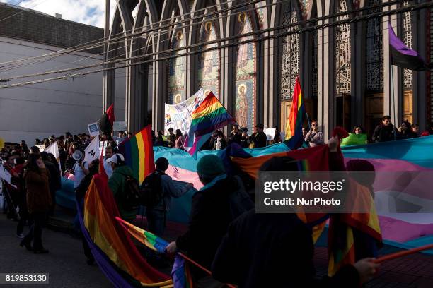 Osorno, Chile. 20 July 2017. Protesters against the &quot;Bus of the Family&quot; are manifested in the Plaza of the city of Osorno. In the afternoon...