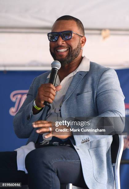Former Detroit Tigers outfielder Gary Sheffield talks to fans during a Q & A session prior to the game against the Cleveland Indians at Comerica Park...