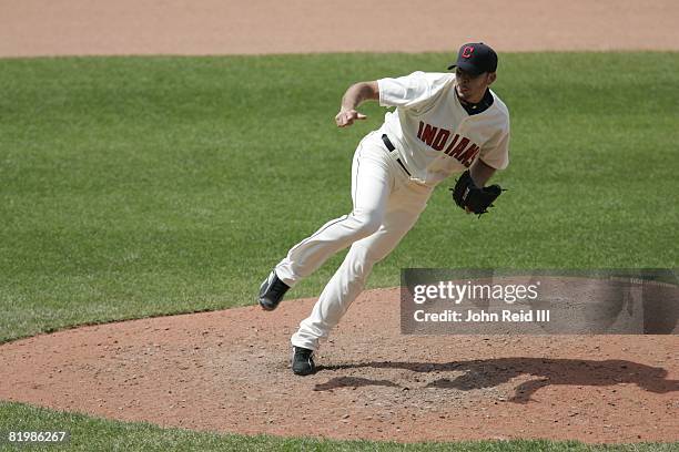 Rafael Betancourt of the Cleveland Indians pitches during the game against the Texas Rangers at Progressive Field in Cleveland, Ohio on May 25, 2008....