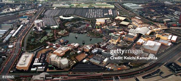 An aerial view of Universal Studios, which officially opened to the public that morning, March 31, 2001 in Osaka, Japan. Although the park is...