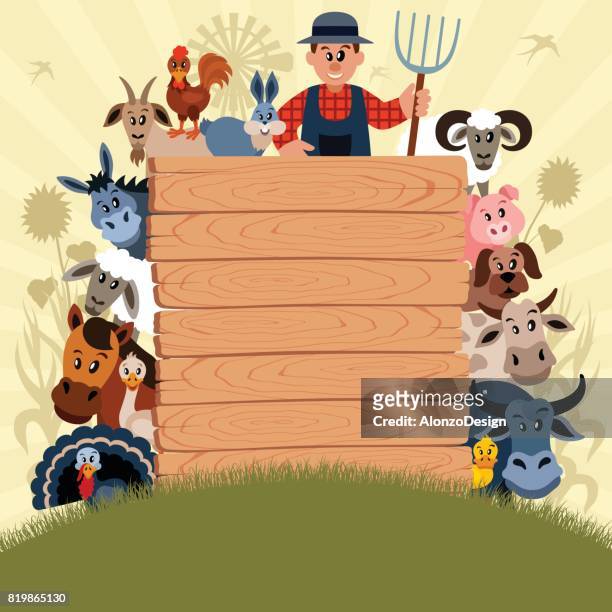 landwirt und tierische charaktere - ram animal stock-grafiken, -clipart, -cartoons und -symbole