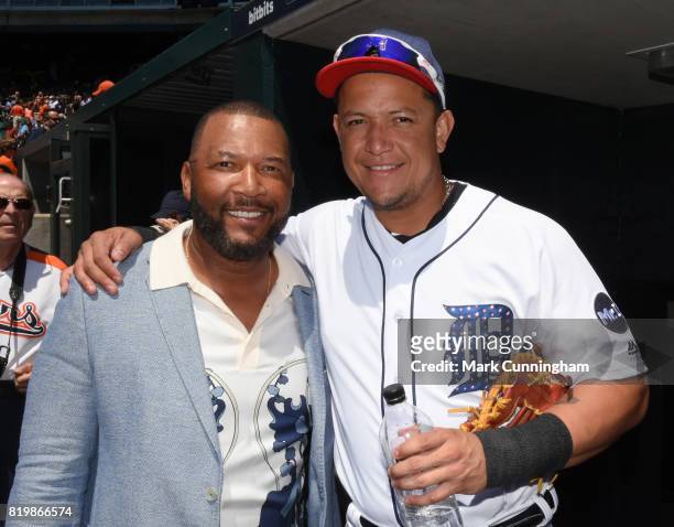 Former Detroit Tigers outfielder Gary Sheffield and current Tiger Miguel Cabrera pose for a photo prior to the game against the Cleveland Indians at...
