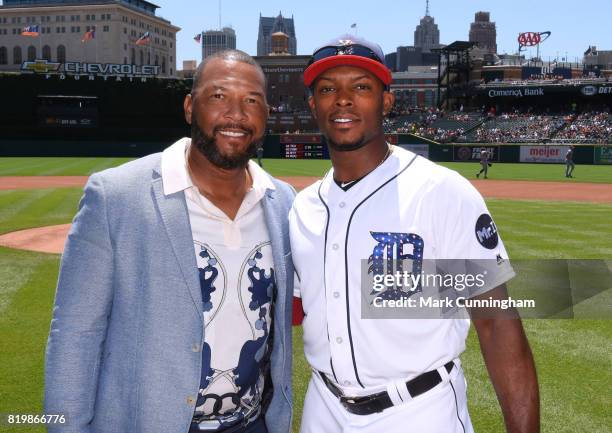 Former Detroit Tigers outfielder Gary Sheffield and current Tiger Justin Upton pose for a photo prior to the game against the Cleveland Indians at...