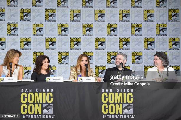 Actors Grace Park, Mary McDonnell and Tricia Helfer, writer/producers David Eick and Ron Moore speak onstage at SYFY: "Battlestar Galactica" Reunion...