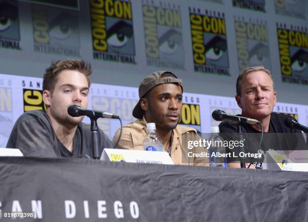 Actors Dylan Sprayberry, Khylin Rhambo, and Linden Ashby speak onstage at the "Teen Wolf" panel during Comic-Con International 2017 at San Diego...