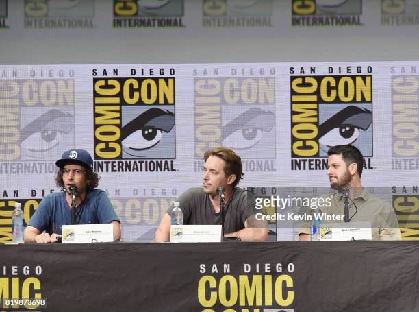 Screenwriter Kyle Mooney, actor Beck Bennett and screenwriter Kevin Costello speak onstage at the "Brigsby Bear" cast and filmmakers panel during...
