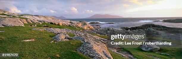 view towards the southern tip of the isle of harris from taransay at dusk, outer hebrides, scotland, united kingdom, europe - outer hebrides stock pictures, royalty-free photos & images