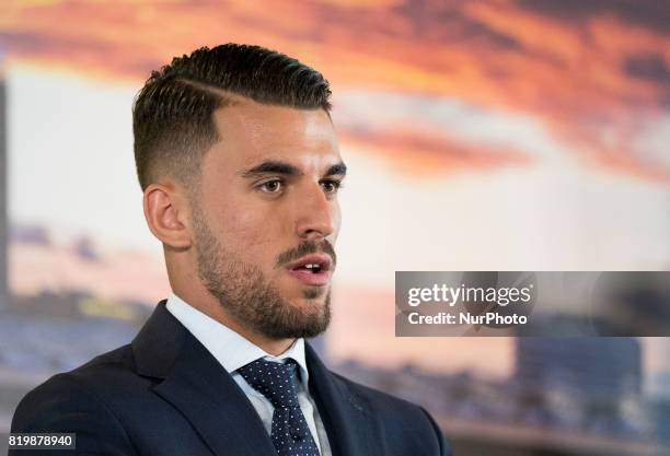 Spanish midfielder Dani Ceballos during his presentation as new football player of the Real Madrid CF at the Santiago Bernabeu stadium in Madrid on...