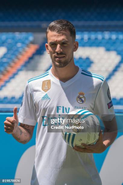 Spanish midfielder Dani Ceballos during his presentation as new football player of the Real Madrid CF at the Santiago Bernabeu stadium in Madrid on...