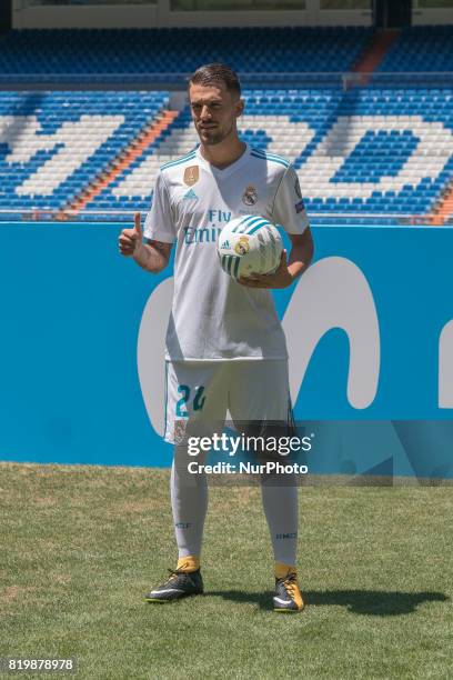 Spanish midfielder Dani Ceballos during his presentation as new football player of the Real Madrid CF at the Santiago Bernabeu stadium in Madrid on...