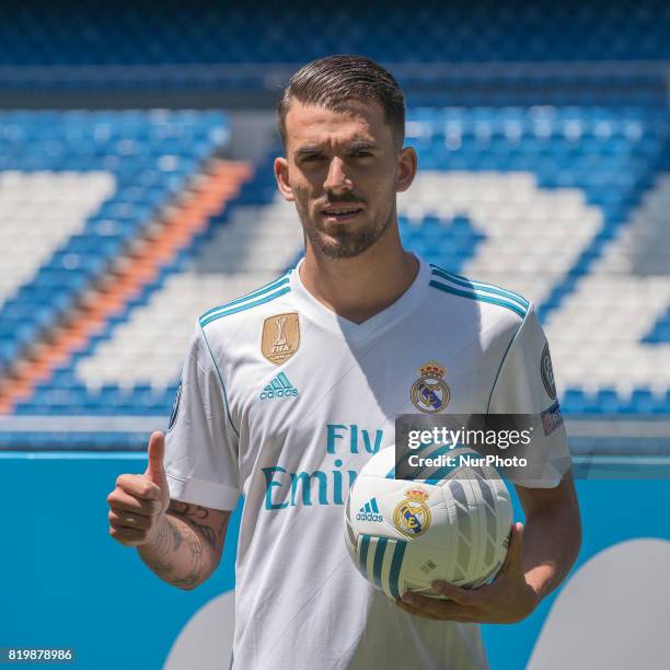 Spanish midfielder Dani Ceballos during his presentation as new football player of the Real Madrid CF at the Santiago Bernabeu stadium in Madrid on...