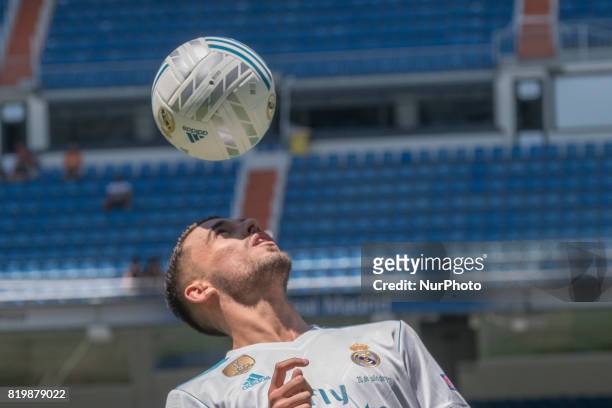 Spanish midfielder Dani Ceballos during his presentation as new football player of the Real Madrid CF at the Santiago Bernabeu stadium in Madrid on...