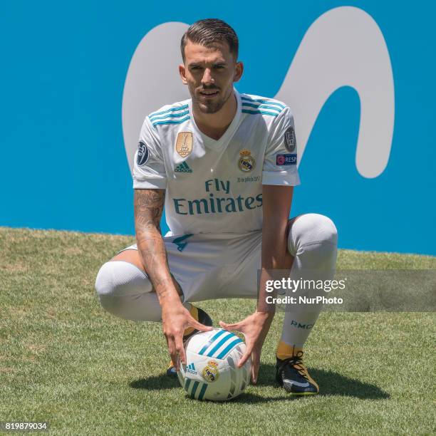 Spanish midfielder Dani Ceballos during his presentation as new football player of the Real Madrid CF at the Santiago Bernabeu stadium in Madrid on...