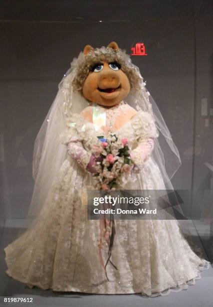 Miss Piggy appears in display during the Jim Henson Exhibition ribbon cutting at Museum of the Moving Image on July 20, 2017 in the Queens borough of...