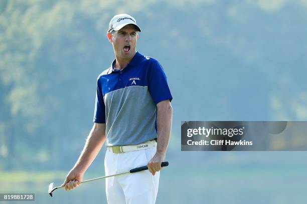 Steven Alker of Australia reacts to a missed birdie putt on the 16th green during the first round of the Barbasol Championship at the Robert Trent...