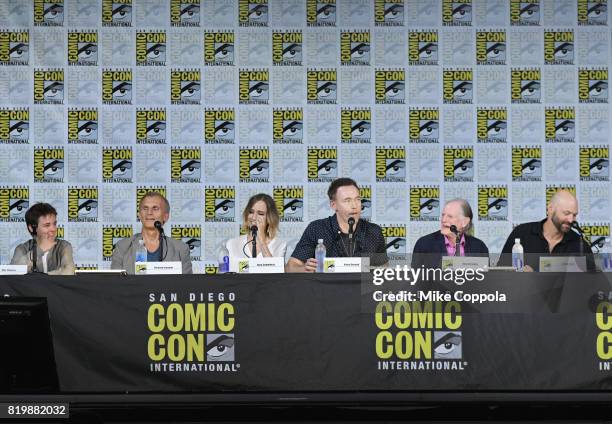 Actors Max Charles, Richard Sammel, Ruta Gedmintas, Kevin Durand, David Bradley, and Corey Stoll speak onstage at "The Strain" screening and Q+A...