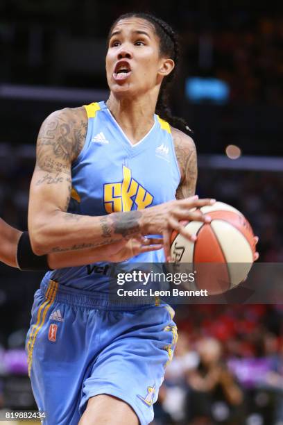 Tamera Young of the Chicago Sky handles the ball against the Los Angeles Sparks during a WNBA basketball game at Staples Center on July 20, 2017 in...