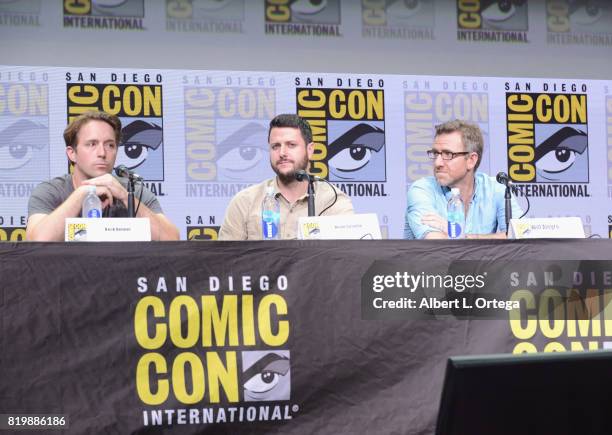 Actor Beck Bennett, screenwriter Kevin Costello and producer Will Allegra speak onstage at the "Brigsby Bear" cast and filmmakers panel during...