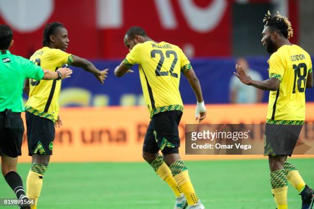Romario Williams of Jamaica celebrates with teammates after scoring the second goal of his team during the CONCACAF Gold Cup Quarterfinal match...