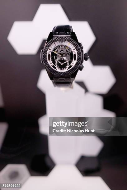 View of the 'Big Bang' Hublot timepiece on display at an event hosted by Hublot to welcome the Juventus Football Club to NYC on July 20, 2017 in New...