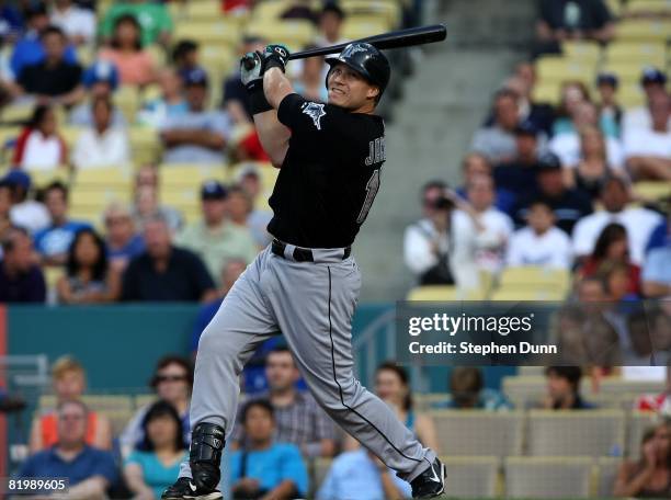 Mike Jacobs of the Florida Marlins bats against the Los Angeles Dodgers on July 12, 2008 at Dodger Stadiium in Los Angeles, California. The Marlins...