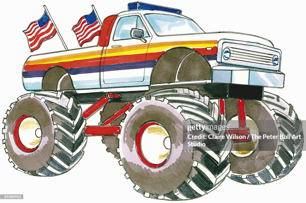 Line drawing of a monster truck