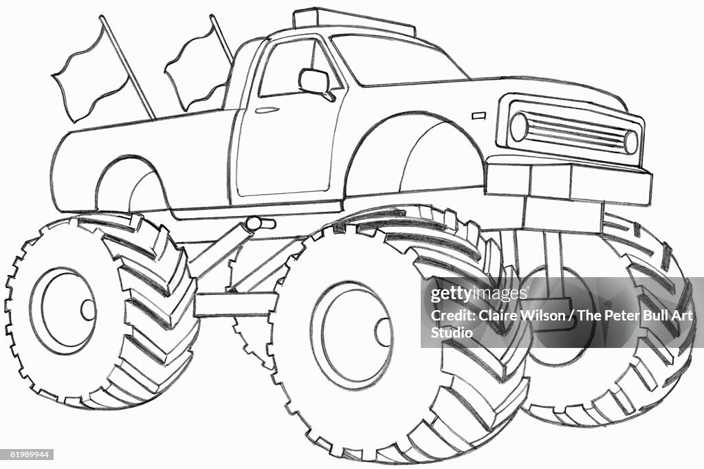 Line drawing of a monster truck