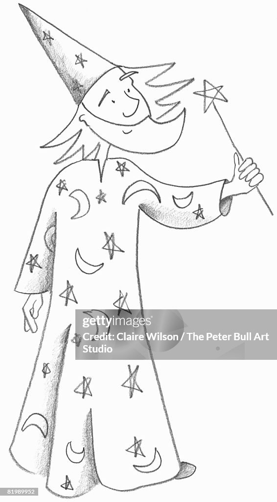 Line drawing of a wizard holding a wand