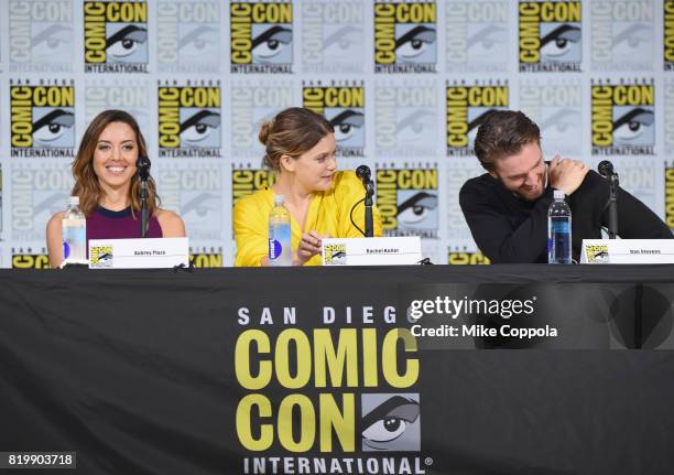 Actors Aubrey Plaza, Rachel Keller and Dan Stevens speak onstage at the "Legion" screening and Q+A during Comic-Con International 2017 at San Diego...