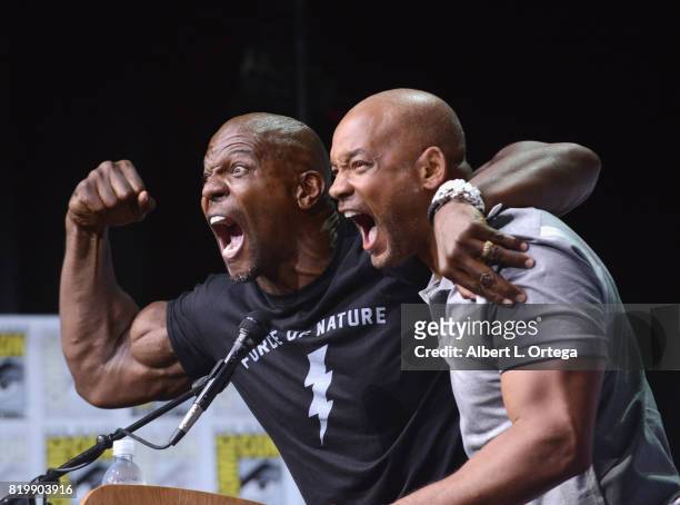 Actors Terry Crews and Will Smith pose onstage at Netflix Films: "Bright" and "Death Note" panel during Comic-Con International 2017 at San Diego...