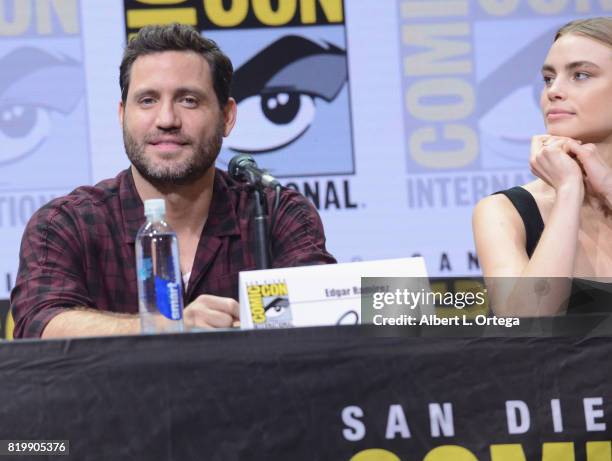 Actors Edgar Ramirez and Lucy Fry speak onstage at Netflix Films: "Bright" and "Death Note" panel during Comic-Con International 2017 at San Diego...