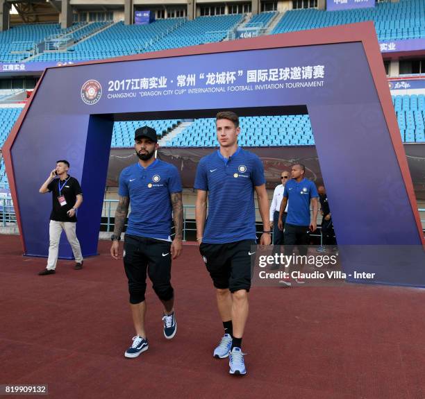 Gabriel Barbosa Almeida and Andrea Pinamonti of FC Internazionale look on before the press conference on July 20, 2017 in Changzhou, China.