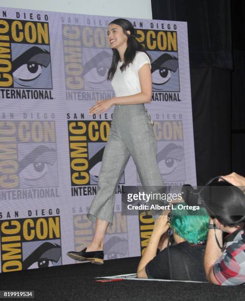 Actor Margaret Qualley walks onstage at Netflix Films: "Bright" and "Death Note" panel during Comic-Con International 2017 at San Diego Convention...