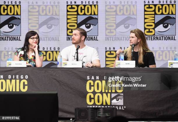 Writers RAchel Heine, Dan Casey and Kyle Hill onstage at Netflix Films: "Bright" and "Death Note" panel during Comic-Con International 2017 at San...