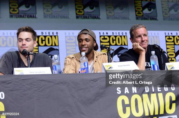 Actors Dylan Sprayberry, Khylin Rhambo and Linden Ashby speak onstage at the "Teen Wolf" panel during Comic-Con International 2017 at San Diego...