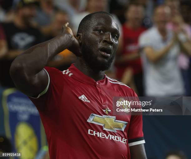 Romelu Lukaku of Manchester United celebrates scoring their first goal during the pre-season friendly International Champions Cup 2017 match between...