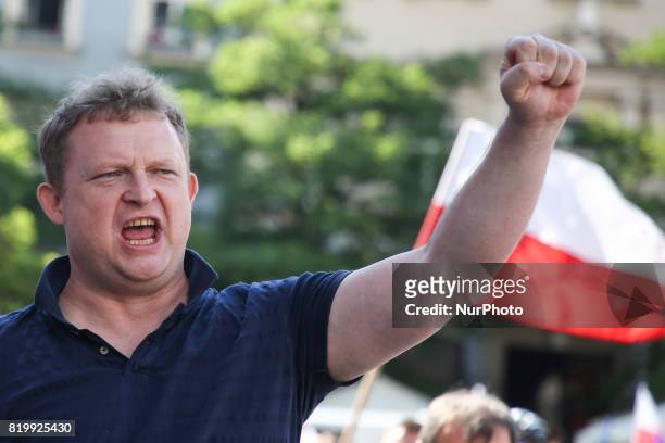Investigative reporter Tomasz Piatek during a protest against changes in justice system in Poland. Krakow, Poland on 16 July, 2017. In his book...