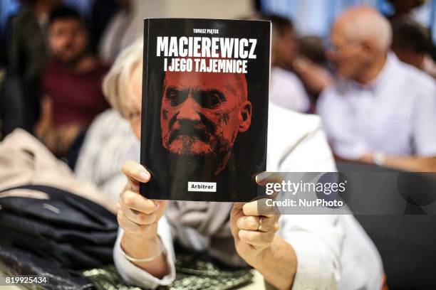 Copy of Tomasz Piatek's book 'Macierewicz and His Secrets' during Q and A session in Krakow, Poland on 15 July, 2017. In his book, Piatek, an...