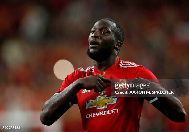 Manchester United forward Romelu Lukaku celebrates after scoring a goal during the International Champions Cup soccer match against Manchester City...