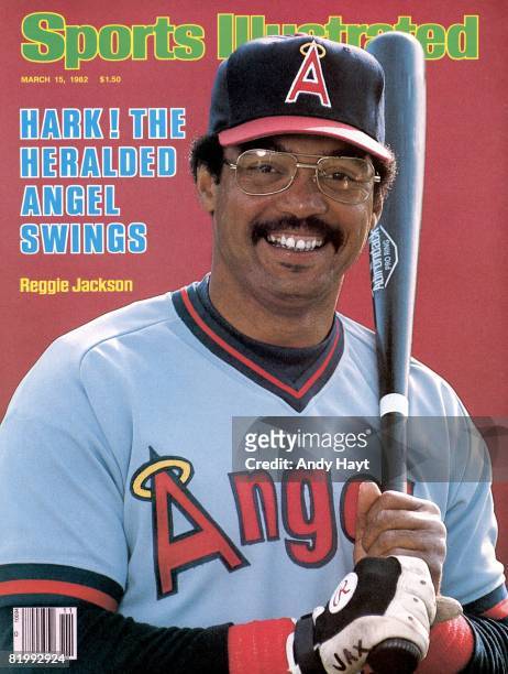 March 15, 1982 Sports Illustrated via Getty Images Cover: Baseball: Closeup portrait of California Angels Reggie Jackson during spring training at...