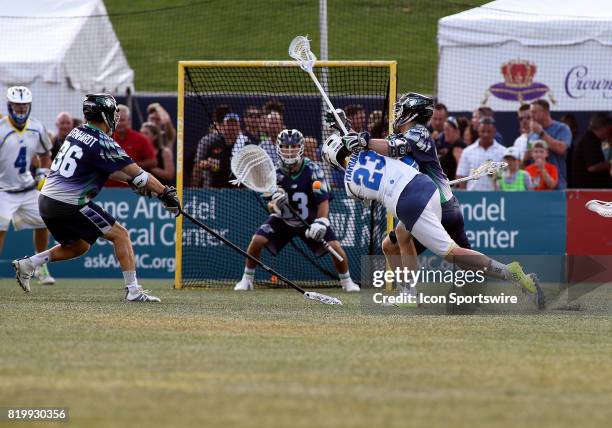 Florida Launch Nick Mariano fires a shot for a goal during a match between the Chesapeake Bayhawks and the Florida Launch on July 20 at Navy-Marine...