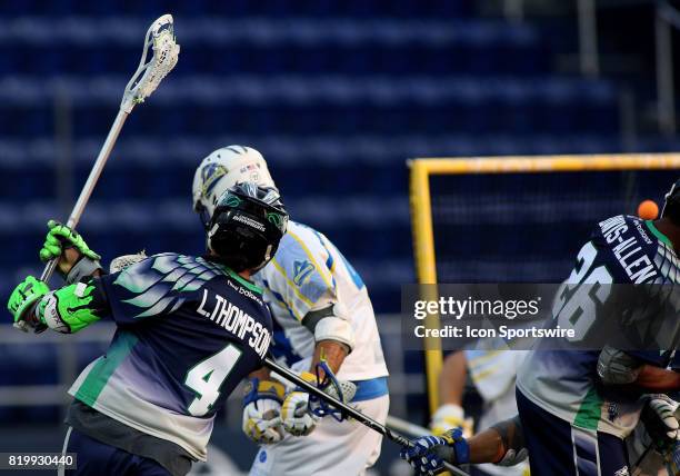 Chesapeake Bayhawks Lyle Thompson takes a shot that hits Chesapeake Bayhawks Isaiah Davis-Allen in the back of the head during a match between the...