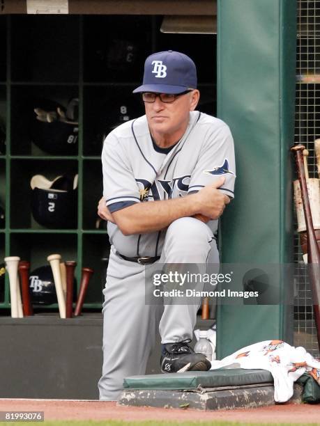 Manager Joe Maddon of the Tampa Bay Rays watches the action during a game with the Cleveland Indians on Thursday, July 10, 2008 at Progressive Field...
