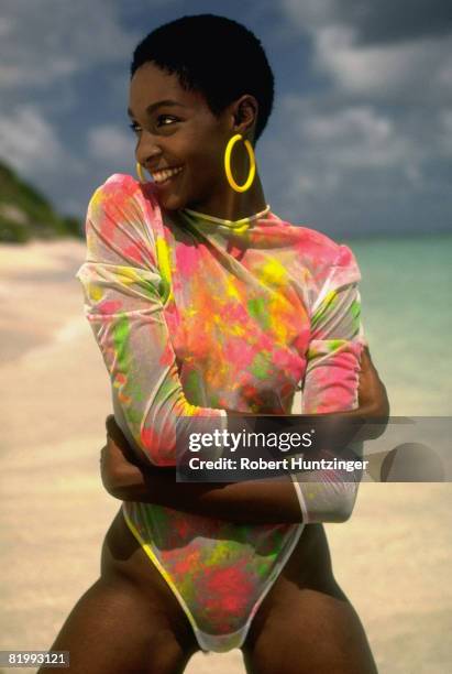 Swimsuit issue 1990: Model Roshumba Williams poses for the 1990 Sports Illustrated Swimsuit issue on January 19, 1990 on Argyle Beach in Saint...