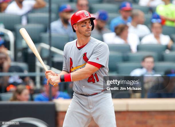 Eric Fryer of the St. Louis Cardinals in action against the New York Mets at Citi Field on July 20, 2017 in the Flushing neighborhood of the Queens...