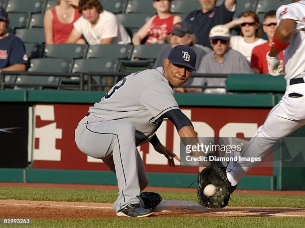 First baseman Carlos Pena of the Tampa Bay Rays catches a throw during a game with the Cleveland Indians on Thursday, July 10, 2008 at Progressive...