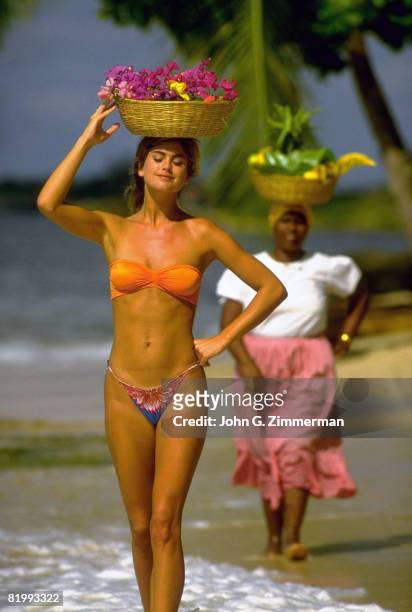 Swimsuit Issue 1987: Model Kathy Ireland poses for the 1987 Sports Illustrated swimsuit issue on September 24, 1986 in Santo Domingo, Dominican...
