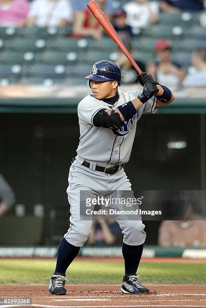 Second baseman Akinori Iwamura of the Tampa Bay Rays bats during a game with the Cleveland Indians on Thursday, July 10, 2008 at Progressive Field in...